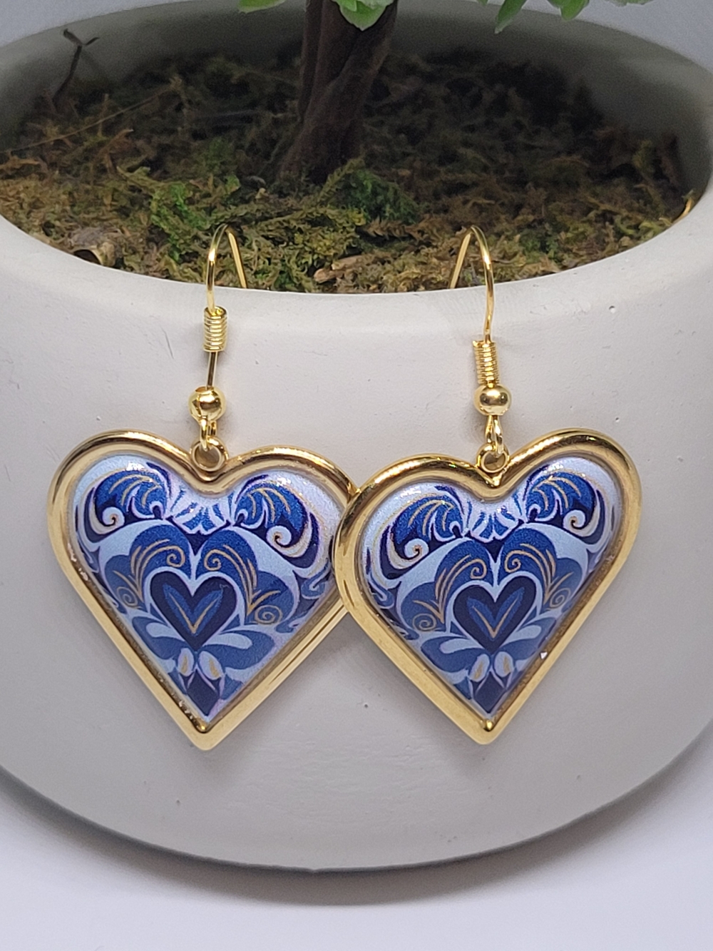 Blue Patterned Heart Drop Earrings with Gold Trim